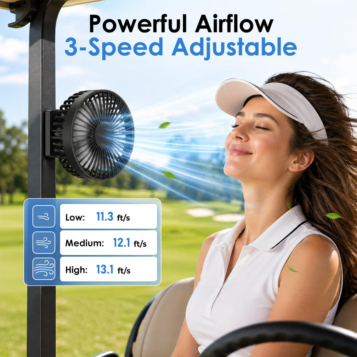 AquaHood golf cart fan delivers strong airflow to beat hot days outdoors.