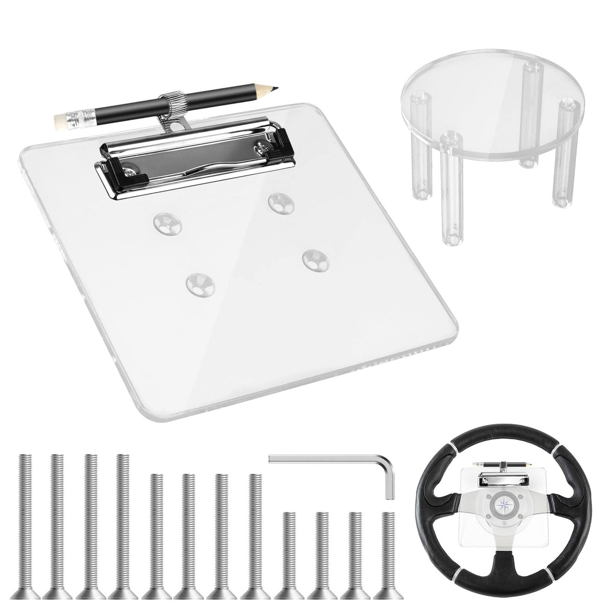 Archerest scorecard holder mounted on golf cart steering wheel disk for easy scorekeeping.