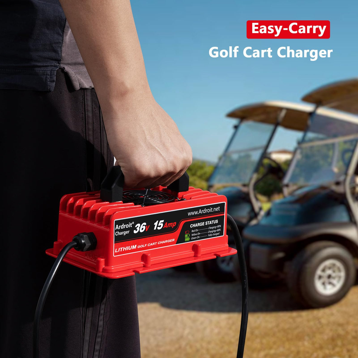 Ardroit 36V charger with 16-foot cord ready for flexible placement