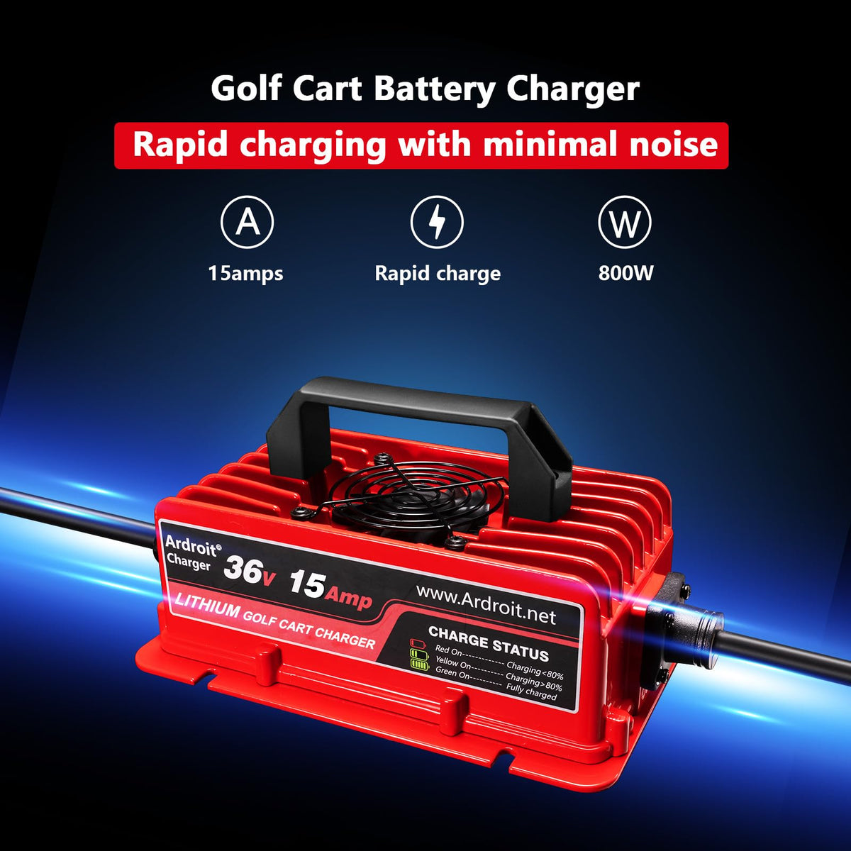 Ardroit 36V charger back view highlighting robust build and ports