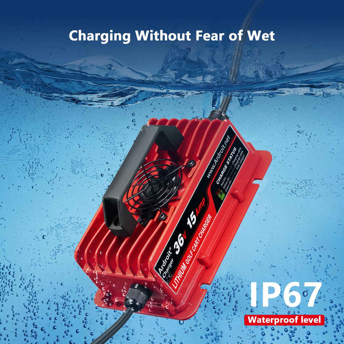 Ardroit 36V charger IP67 rating close-up for water and dust resistance