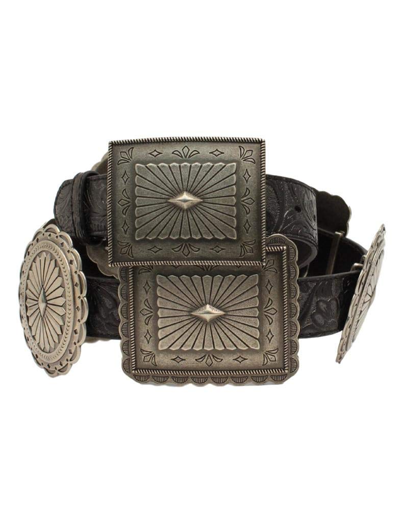ARIAT women's embossed concho belt in black with antique silver accents, elevating western outfits.