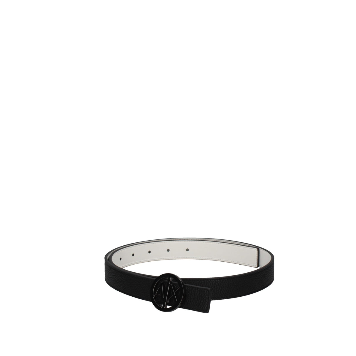 Armani Exchange belt with circular logo buckle pairs with every outfit for two-tone style.
