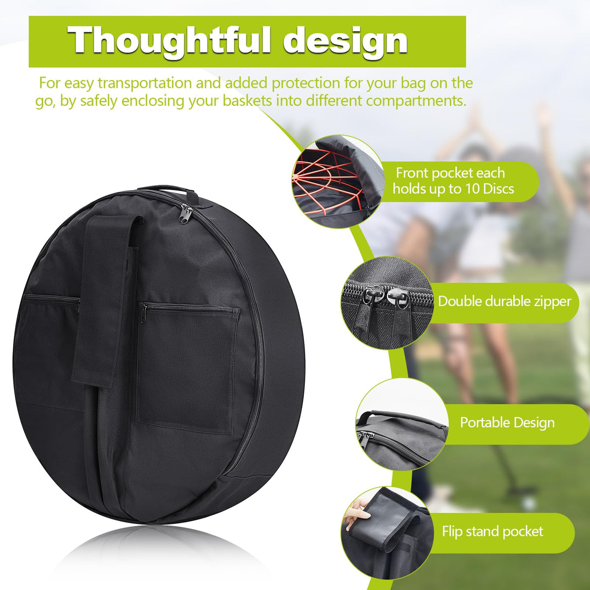 Arrowbash disc golf basket bag back view shows built-in pockets.