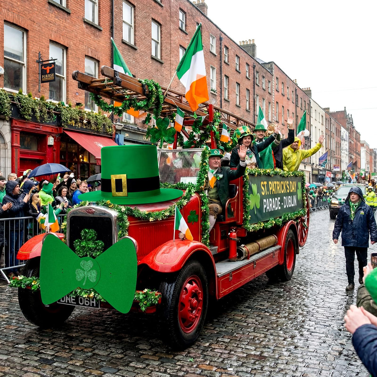Arrowbash large shamrock bow tie creates playful Irish charm on parade vehicles.