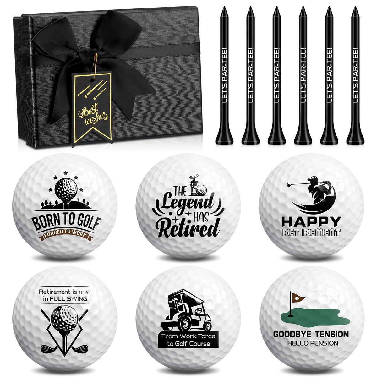 Arrowbash retirement golf balls 6-pack with tees in a gift box for gifting and celebration