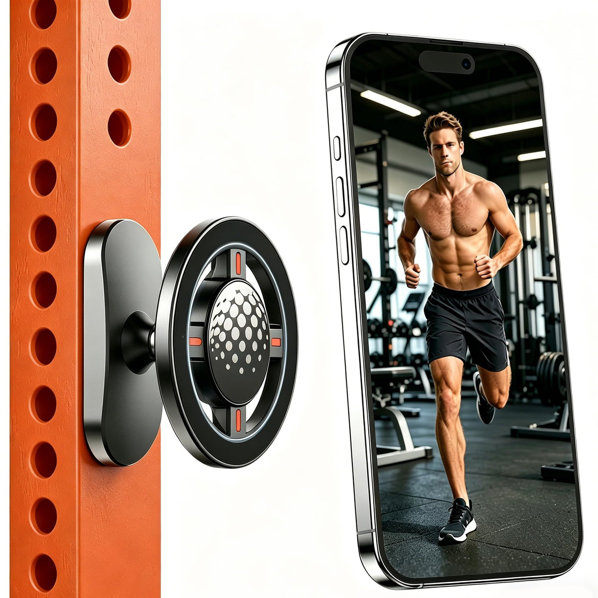 Arsatbs magnetic phone holder on a gym base ensuring a secure grip during workouts.