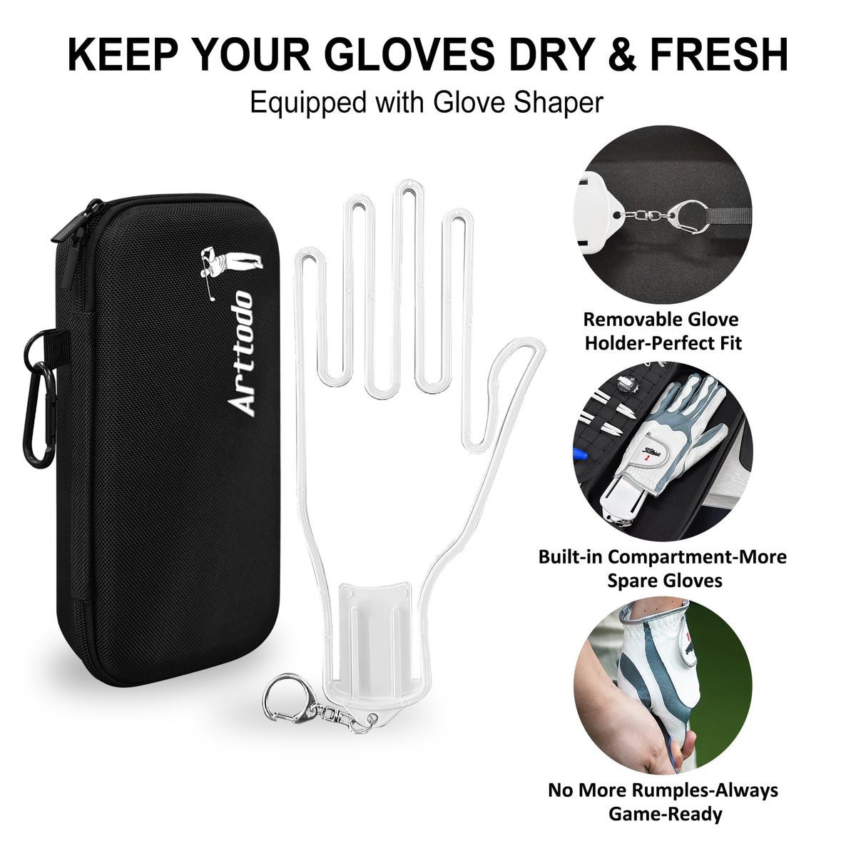 Arttodo Golf Glove Case shows multiple pockets for tees, markers, and phone.