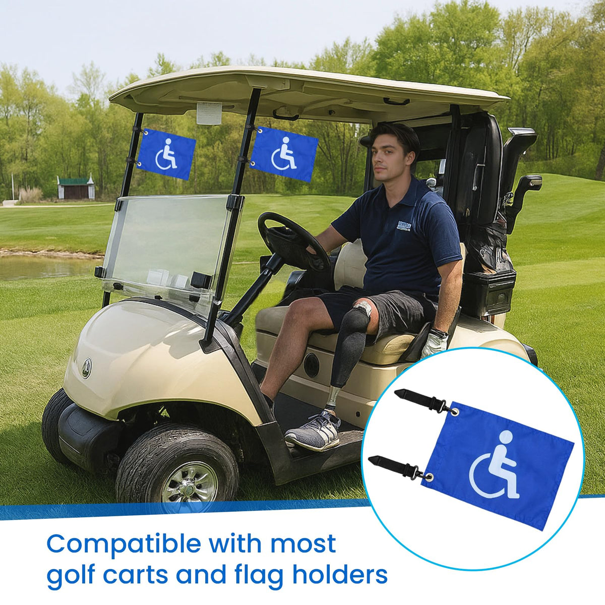 asdmm blue golf flag folded in pocket demonstrates portable, lightweight design.