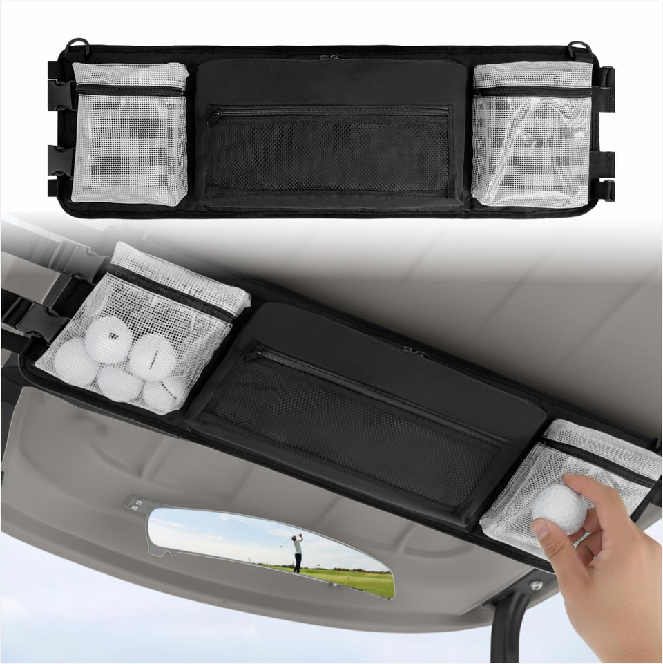 asdmm golf cart ceiling storage bag being installed for clutter-free overhead space