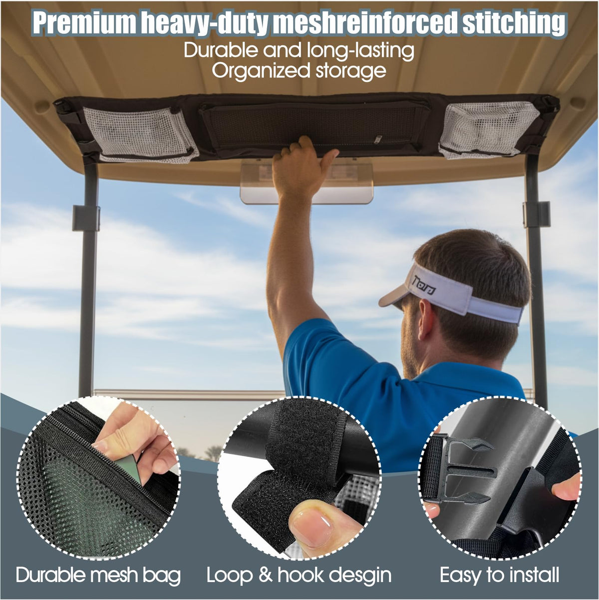asdmm ceiling storage bag secured with straps on golf cart ceiling