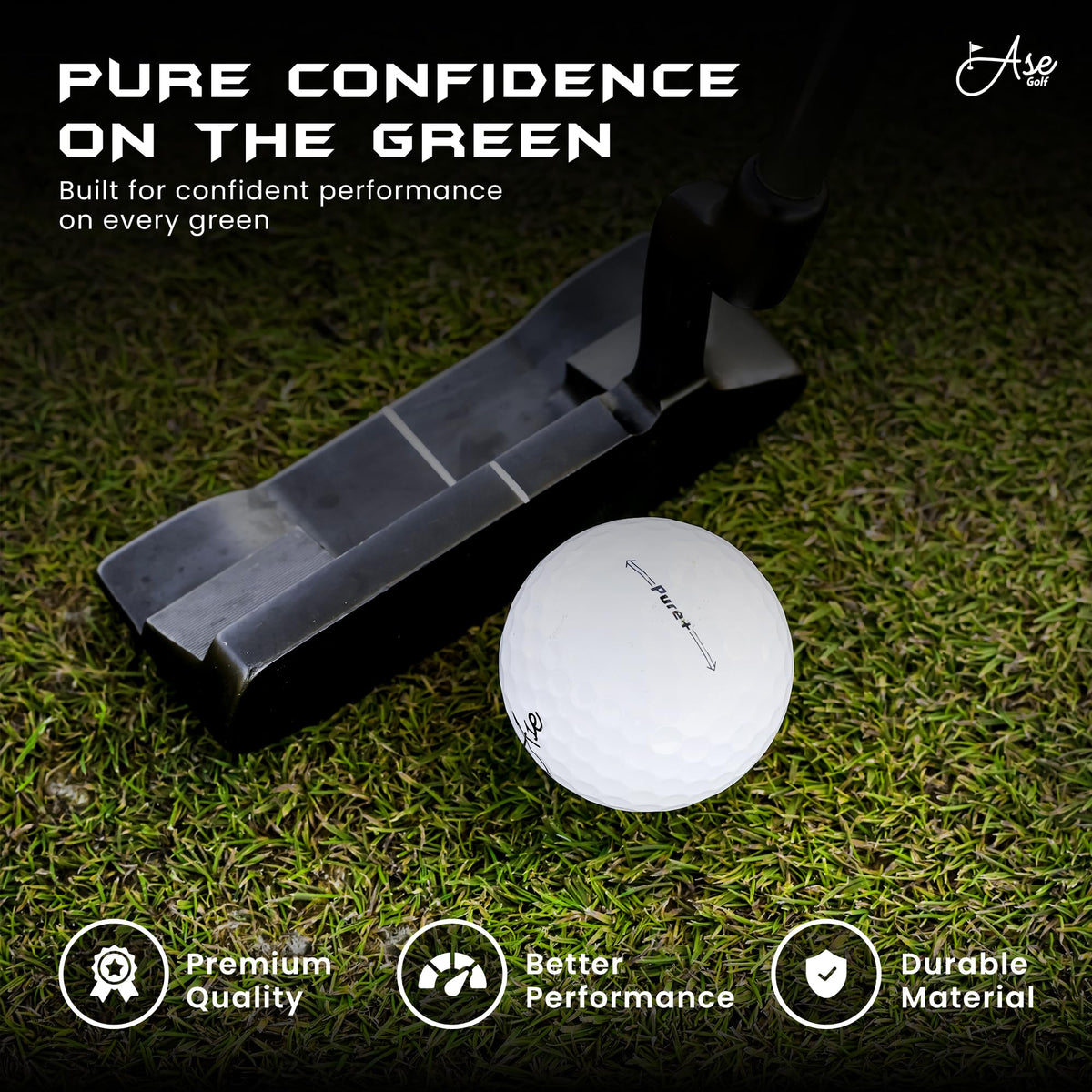 Ase Golf Pure+ ball near green demonstrates precise spin for stopping shots