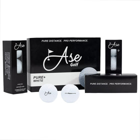 Ase Golf Pure+ white ball packaging signaling premium value for all players