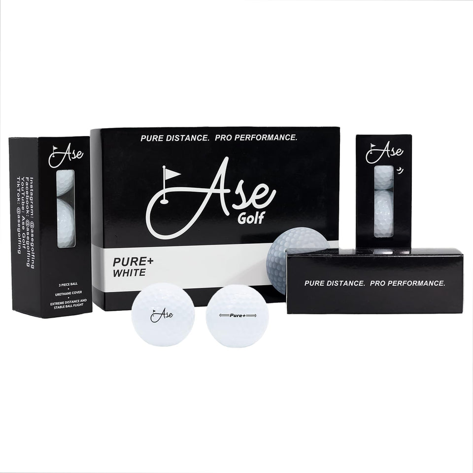 Ase Golf Pure+ white ball packaging signaling premium value for all players