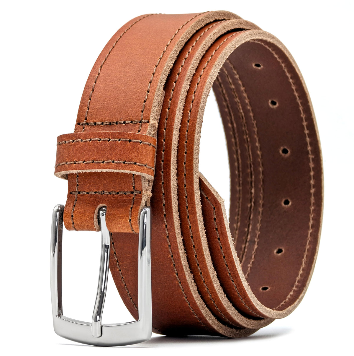 Ashford Ridge tan 34mm leather belt with classic silver buckle for formal or casual looks