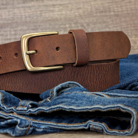 Ashford Ridge Vintage Brown belt worn with jeans for versatile style.