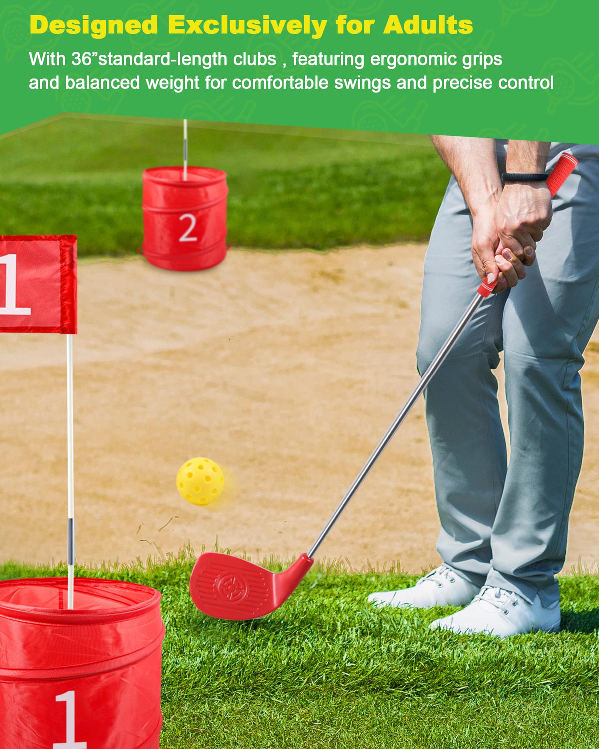 ASONA swing shot shows confident, controlled strokes with 36” adult clubs.