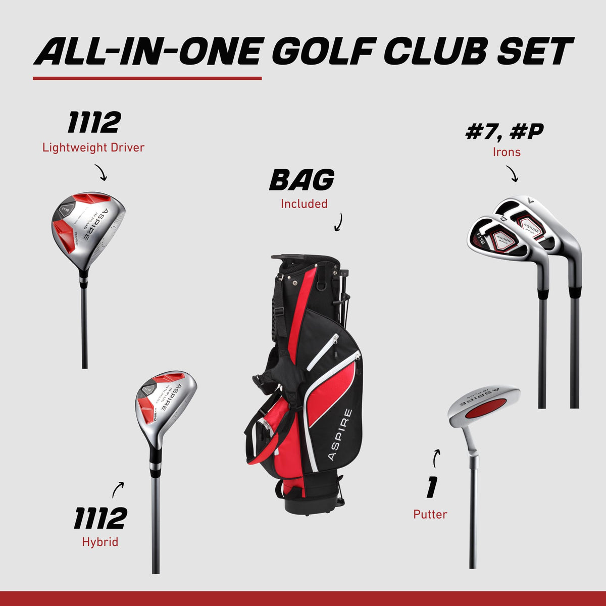 Aspire Junior Plus aircraft-grade irons feature larger clubheads for forgiving contact.