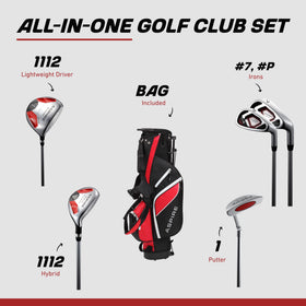 Aspire Junior Plus aircraft-grade irons feature larger clubheads for forgiving contact.