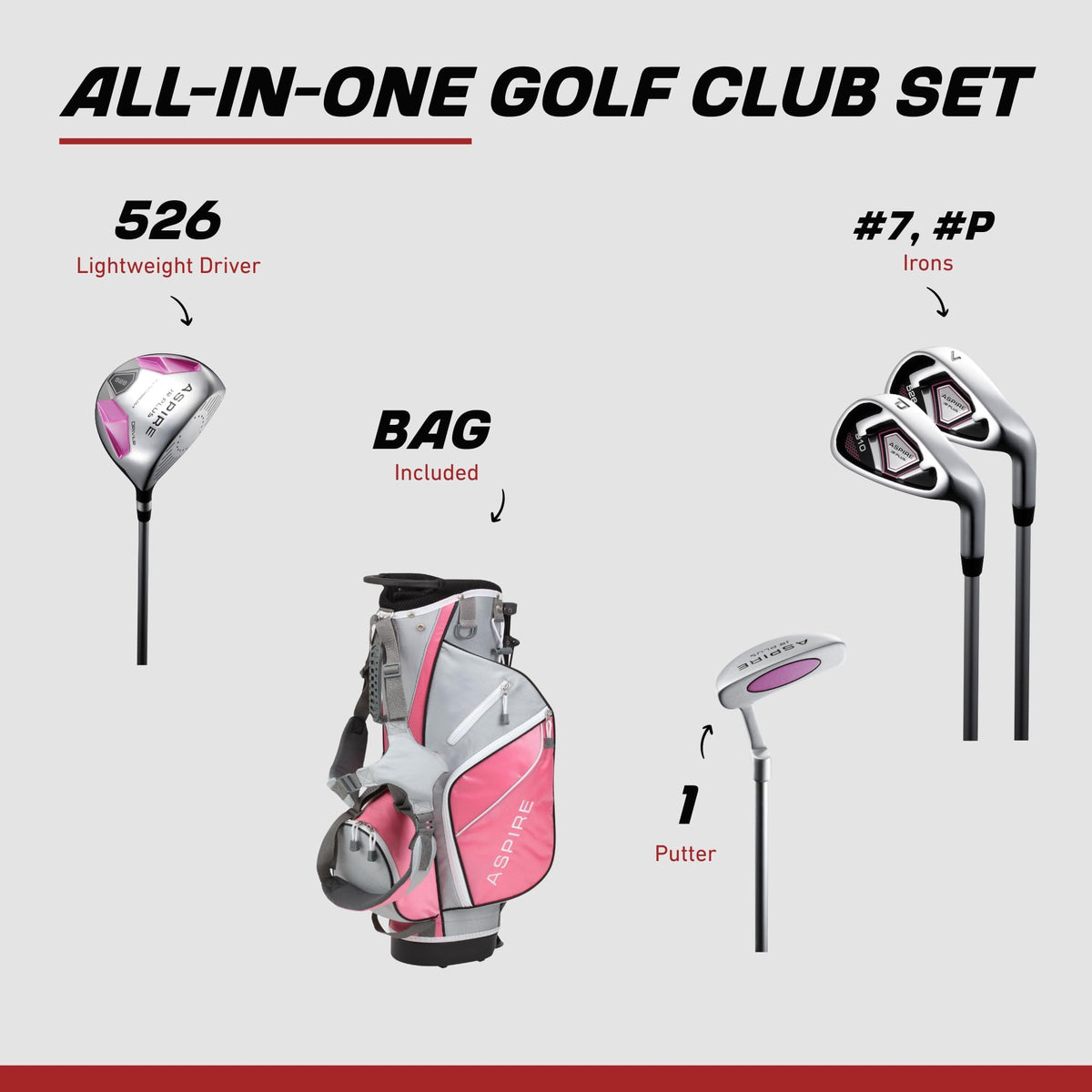 ASPIRE Junior Plus graphite shaft irons offer a larger sweet spot for easier contact