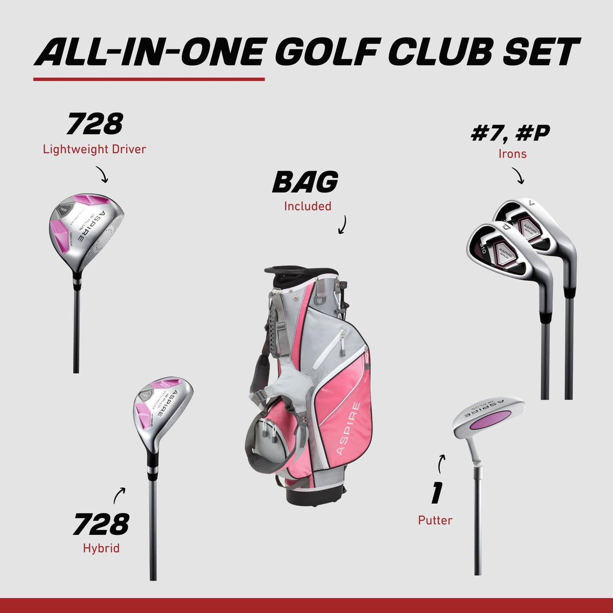 ASPIRE Junior Plus graphite shafts provide a lighter feel for smoother swings.