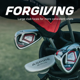 ASPIRE Junior Plus right-handed clubs closeup highlighting graphite shafts and forgiving design