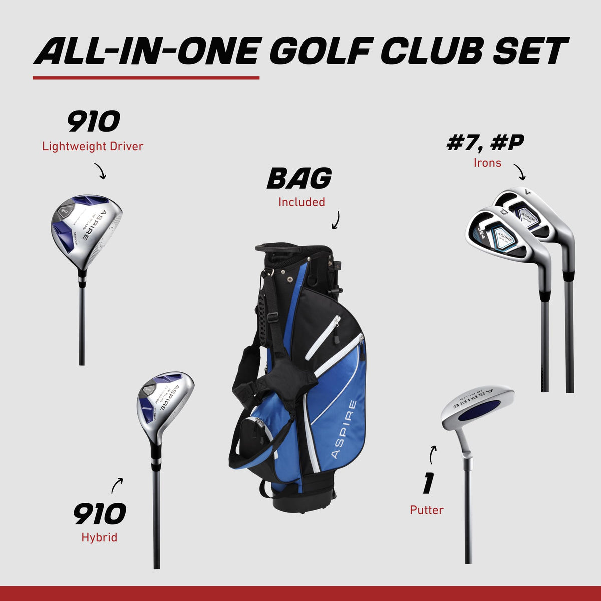 ASPIRE Junior Plus stand bag top divider keeps clubs organized during practice