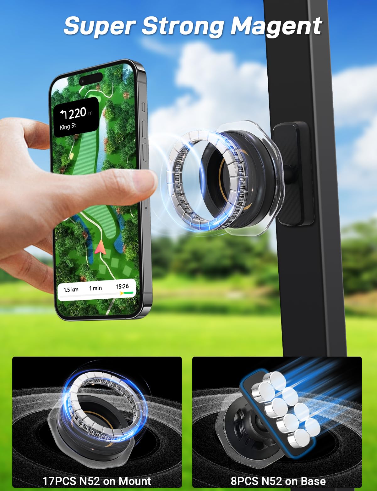 Aswitye magnetic mount shows 360-degree rotation for optimal viewing angles.