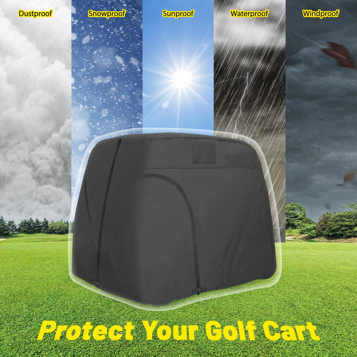 All-season protection provided by the ATTLOOQ golf cart cover in outdoor storage