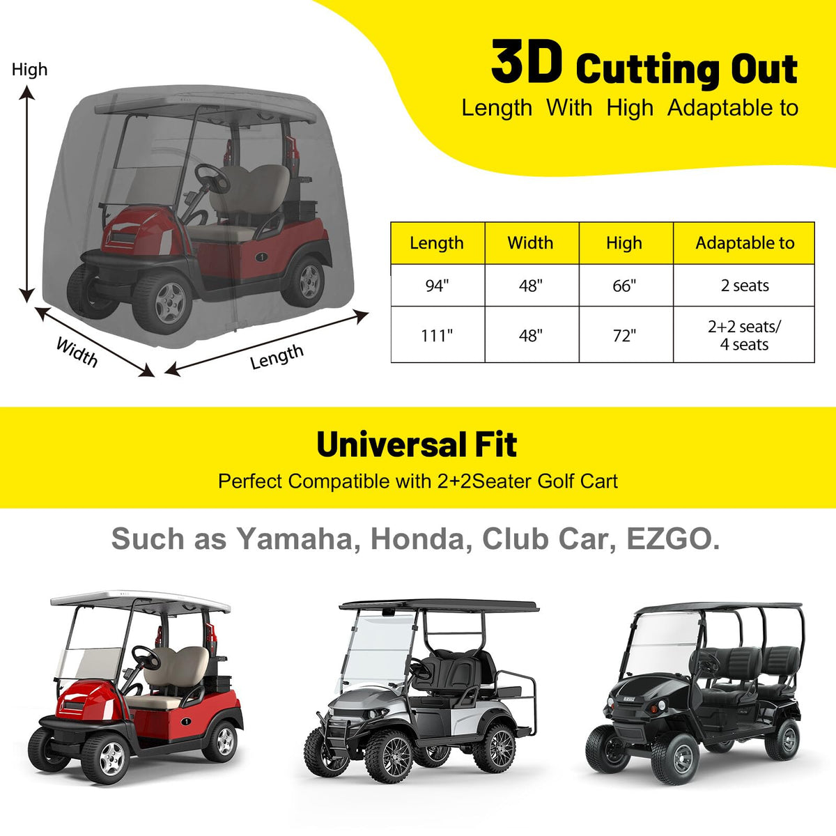 ATTLOOQ golf cart cover on a 4-seat cart demonstrating full coverage and durability