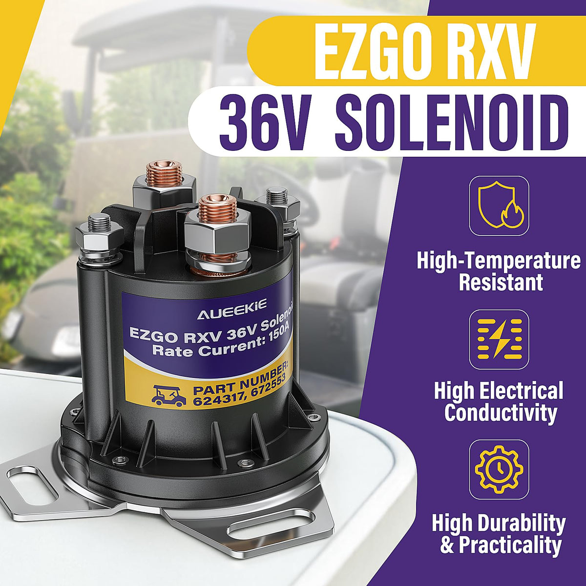 AUEEKIE golf cart solenoid packaging highlights one-unit kit ready for RXV installation