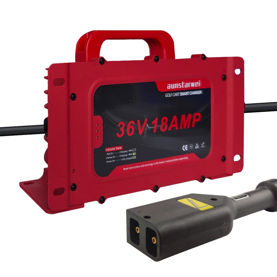 Aunstarwei 36V 18A charger for EZGO TXT front view improves charging readiness.