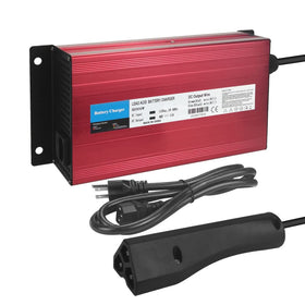 Aunstarwei 48V RXV charger front view with red aluminum shell for Ez-Go carts