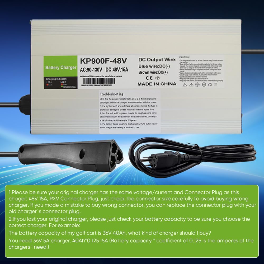 Aunstarwei EZGO RXV charger close-up shows the 3-pin connector and quick compatibility.