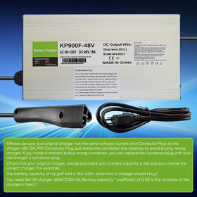 Aunstarwei EZGO RXV charger close-up shows the 3-pin connector and quick compatibility.