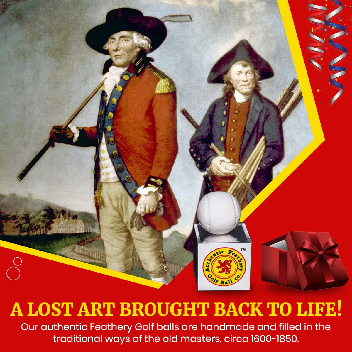 Authentic Feathery Golf Ball showcases handcrafted feathering and leather pouch.