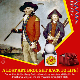 Authentic Feathery Golf Ball showcases handcrafted feathering and leather pouch.