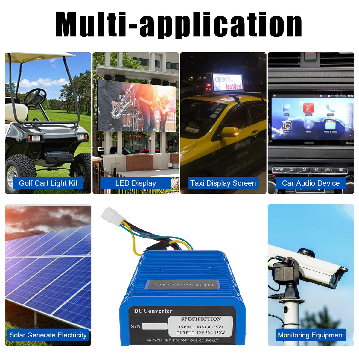 AUTOBABA universal voltage converter side view for easy on-board installation and reliable 12V power.
