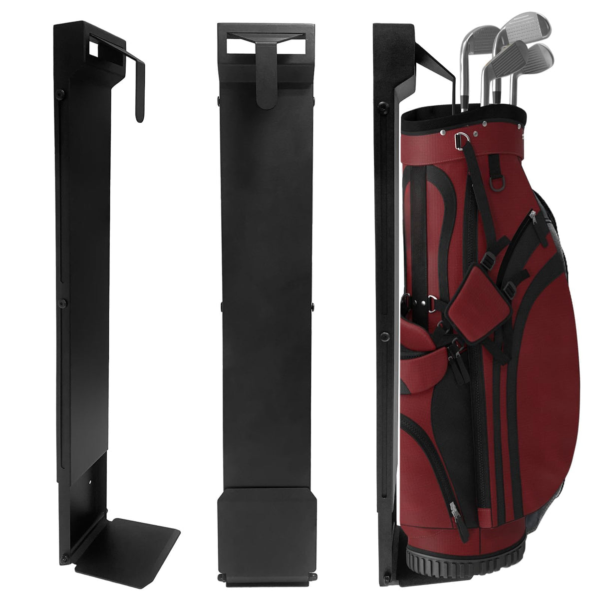 Automoris wall-mount golf bag rack showing adjustable length for large bags