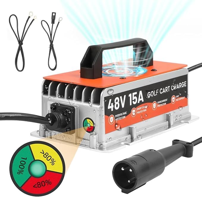 Autory Club Car Charger front view with rugged aluminum housing for outdoor use.