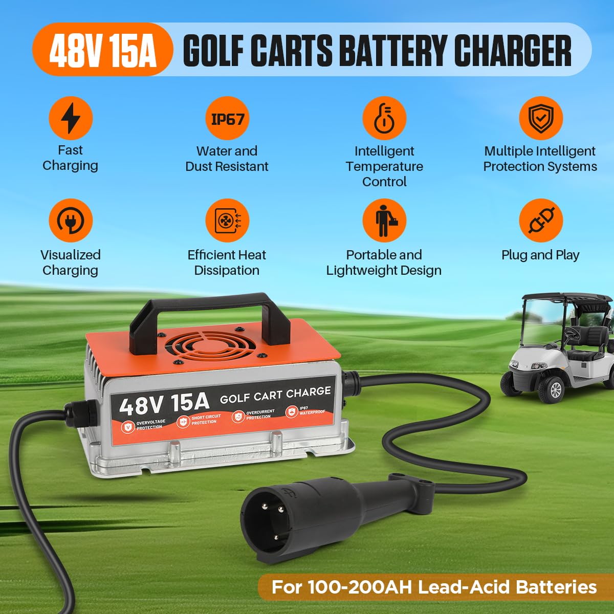 Autory Club Car Charger side view showing compact design for tight storage.