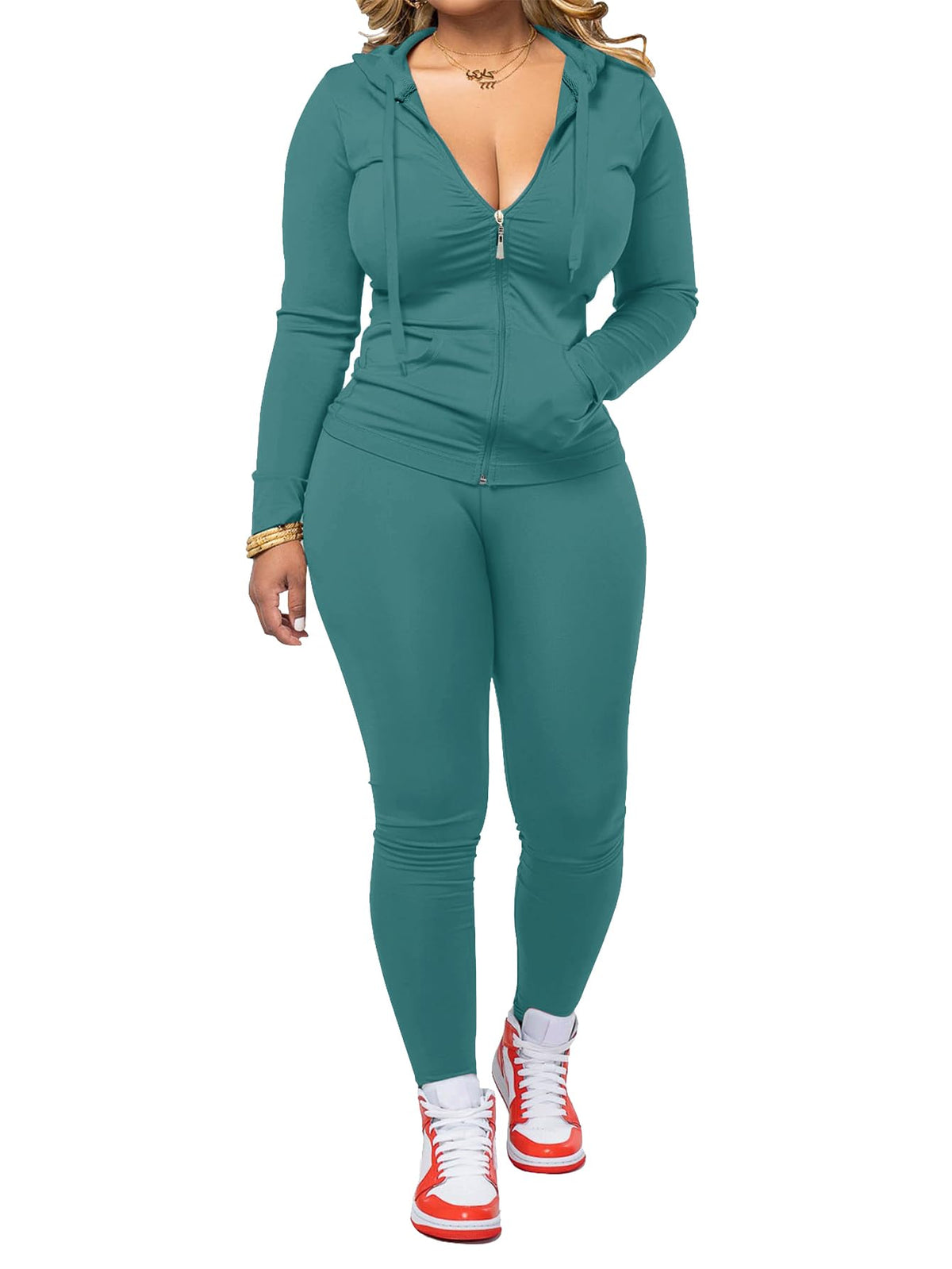 AUXDIO two-piece outfit with hoodie and jogger in blue for comfortable workouts.