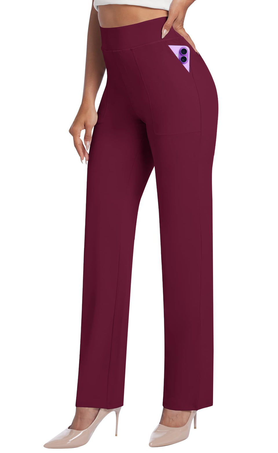 AVAMO women's straight-leg maroon high-waist pants with pockets for all-day work comfort.