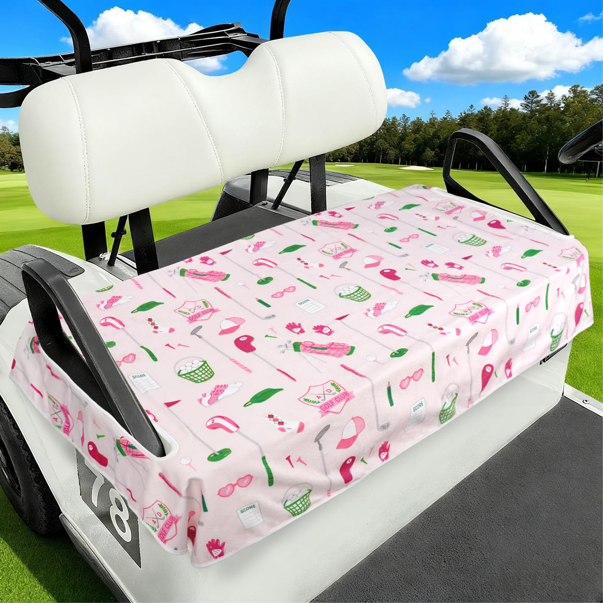 awufncksn golf cart seat covers show 2-seat fit for Club Car, protecting seats during rounds.