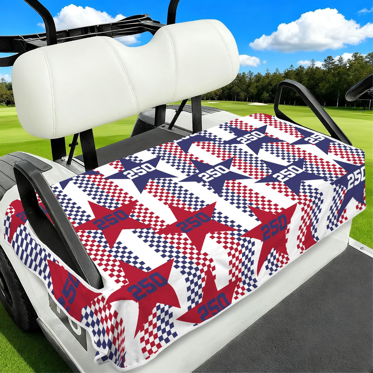 awufncksn independence day seat cover on a 2-seat cart for festive flair and protection.