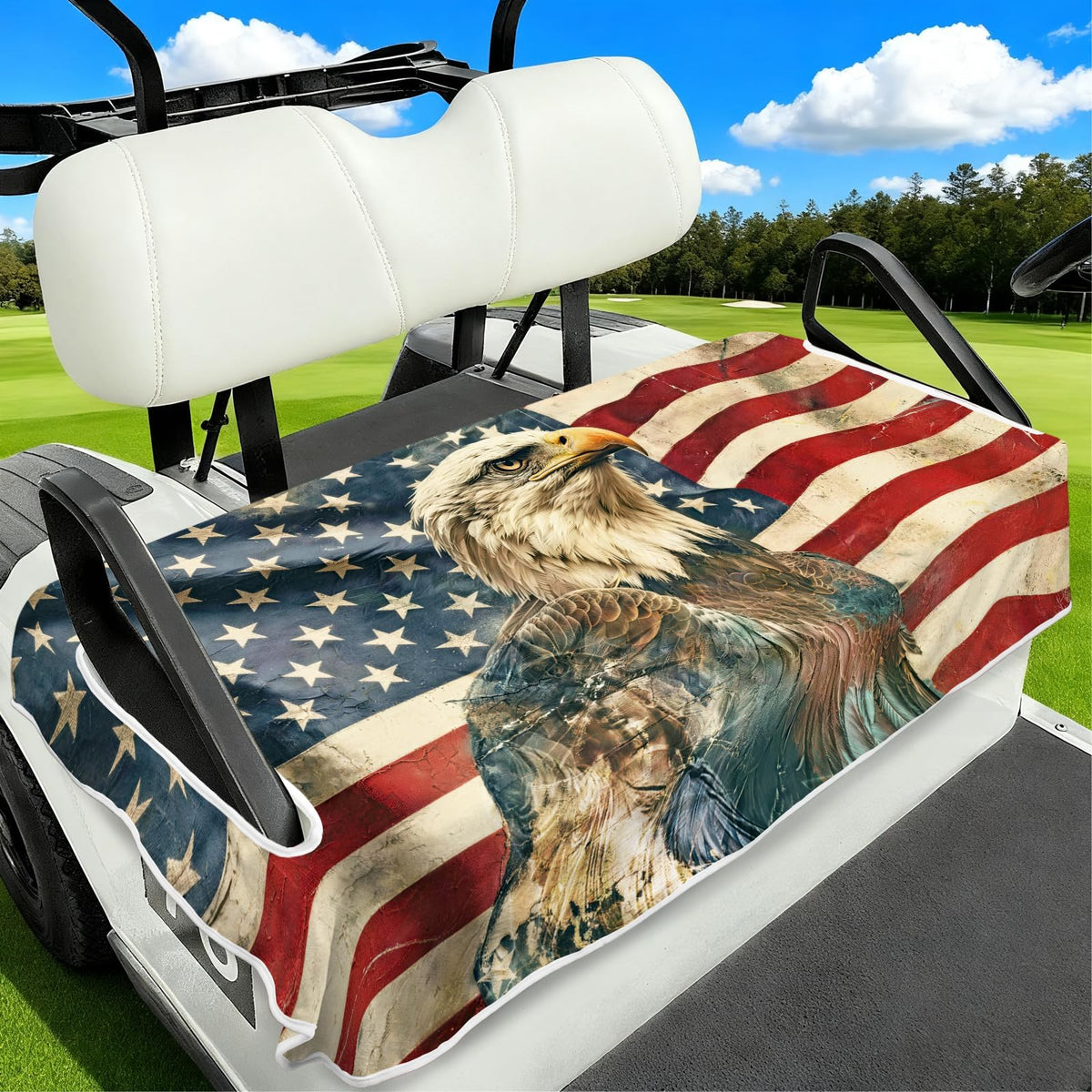 awufncksn Independence Day seat cover on a 2-seat golf cart protecting from dust