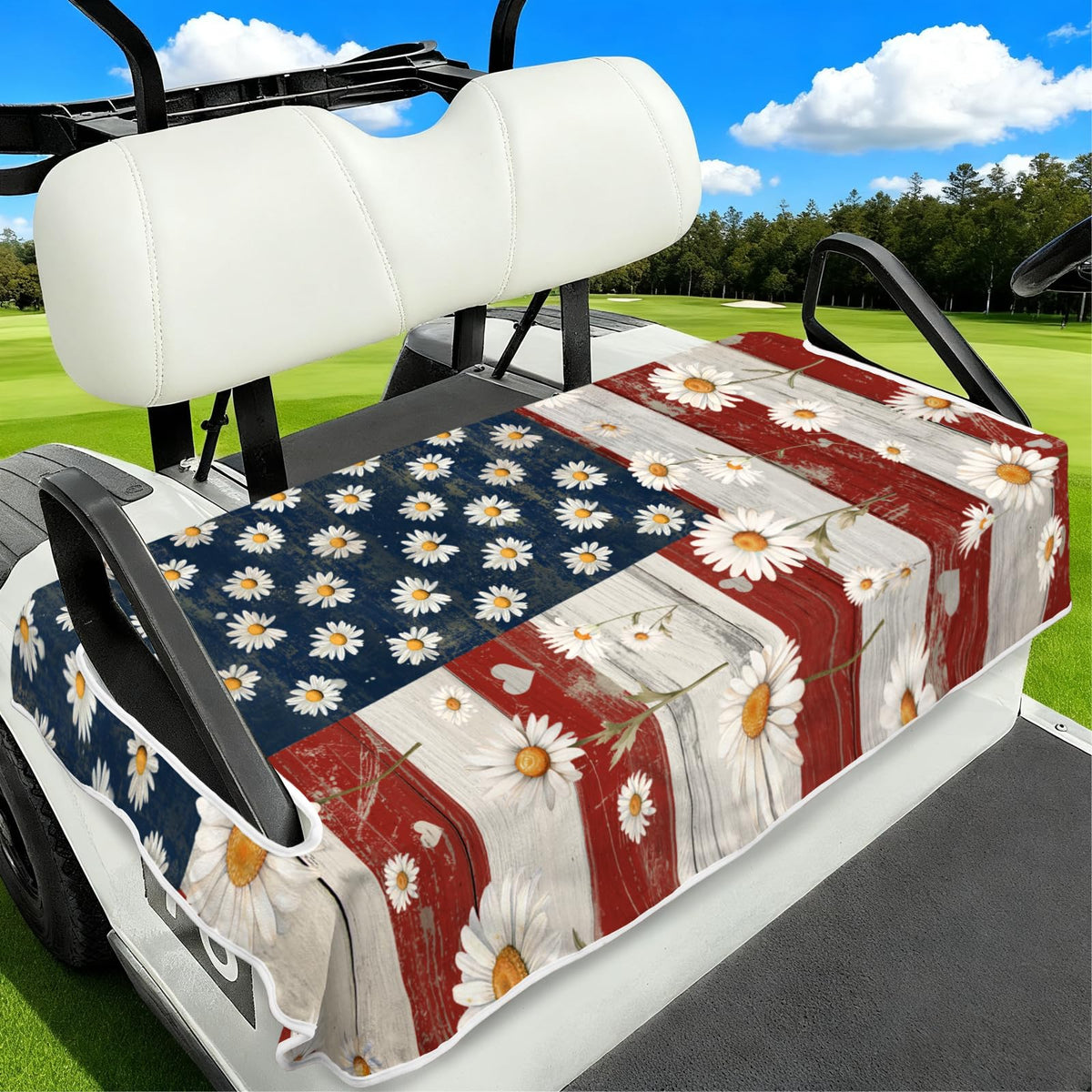 awufncksn independence day seat cover on a two-seat cart protects seats during parades
