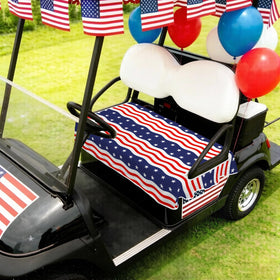 awufncksn independence-day-seat-cover installed on a golf cart demonstrates quick fit