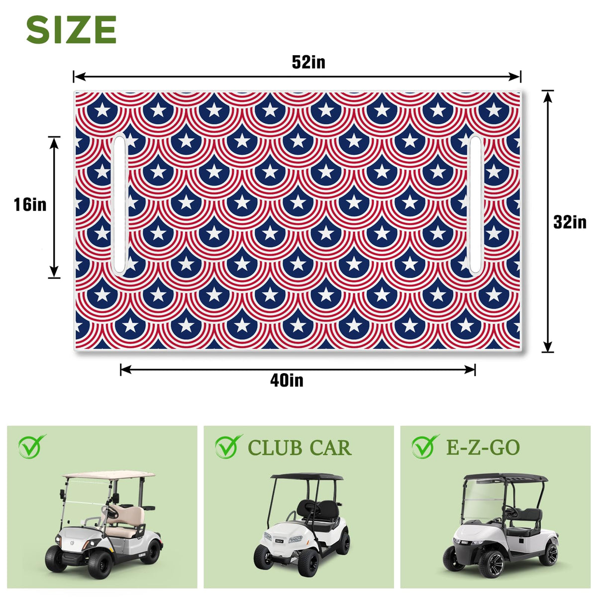 awufncksn patriotic seat cover on a two-seat golf cart during parade