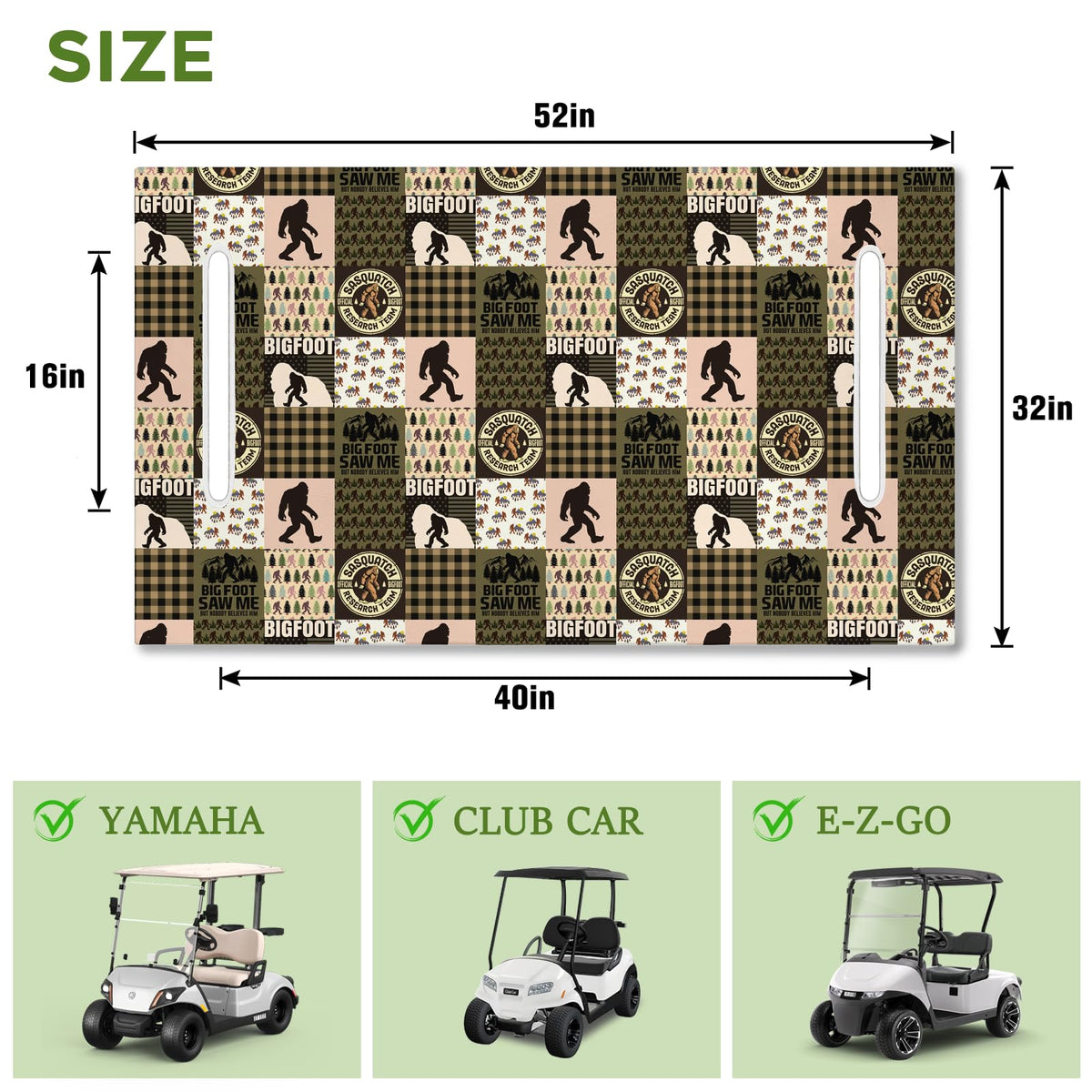 awufncksn Sasquatch-themed seat cover protects seats from dust and sweat during rounds.